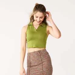 Juniors' SO® Collared Cropped Polo Tank -Cheap SO Store 5585480 Exotic Olive