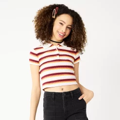 Juniors' SO® Ribbed Cropped Polo -Cheap SO Store 5585810 Red White Stripe