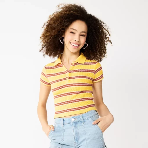 Juniors' SO® Ribbed Cropped Polo 2 Juniors' SO® Ribbed Cropped Polo -Cheap SO Store 5585810 Yellow Stripe