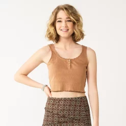 Juniors' SO® Solid Cropped Henley Tank 9 Juniors' SO® Solid Cropped Henley Tank -Cheap SO Store 5588505 Tan