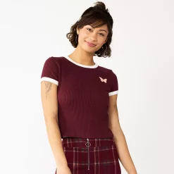 Juniors' SO® Cropped Ribbed Ringer Tee -Cheap SO Store 5588525 Maroon Butterfly