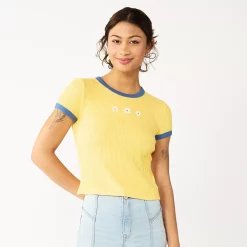 Juniors' SO® Cropped Ribbed Ringer Tee -Cheap SO Store 5588525 Yellow Daisy
