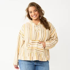 Juniors' Plus Size SO® Lace-Up Drawstring Hoodie -Cheap SO Store 5591833 Light Brown Stripe