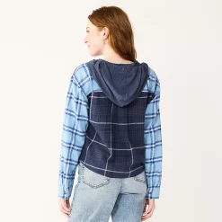 Juniors' SO® Cropped Plaid Button Down Hoodie -Cheap SO Store 5610312 ALT