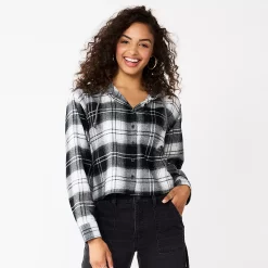 Juniors' SO® Cropped Plaid Button Down Hoodie -Cheap SO Store 5610312 Black Grey Plaid