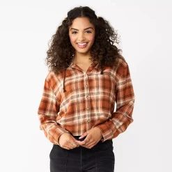 Juniors' SO® Cropped Plaid Button Down Hoodie -Cheap SO Store 5610312 Brown Plaid