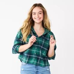 Juniors' SO® Cropped Plaid Button Down Hoodie -Cheap SO Store 5610312 Dark Green Plaid