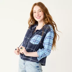 Juniors' SO® Cropped Plaid Button Down Hoodie -Cheap SO Store 5610312 Navy Plaid Mix