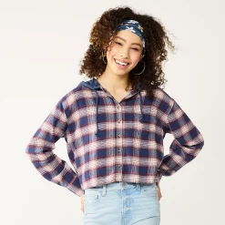 Juniors' SO® Cropped Plaid Button Down Hoodie -Cheap SO Store 5610312 Navy White Plaid