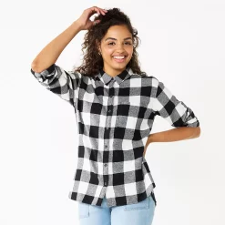 Juniors' SO® Button Front Flannel Top -Cheap SO Store 5646519 Black Buffalo Check