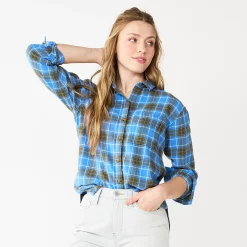 Juniors' SO® Button Front Flannel Top -Cheap SO Store 5646519 Blue Live Plaid