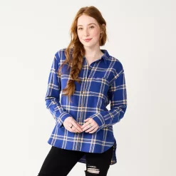 Juniors' SO® Button Front Flannel Top -Cheap SO Store 5646519 Blue Plaid