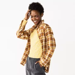 Juniors' SO® Button Front Flannel Top -Cheap SO Store 5646519 Brown Pin Plaid