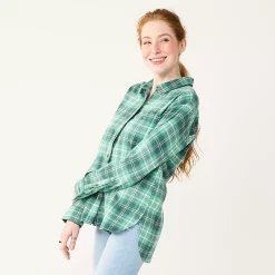 Juniors' SO® Button Front Flannel Top -Cheap SO Store 5646519 Green Plaid