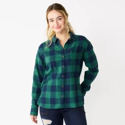Juniors' SO® Button Front Flannel Top -Cheap SO Store 5646519 Navy Green Buffalo