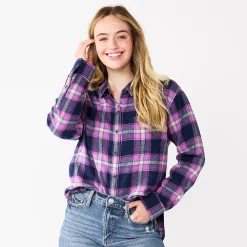 Juniors' SO® Button Front Flannel Top -Cheap SO Store 5646519 Navy Purple Plaid