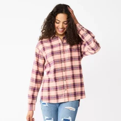Juniors' SO® Button Front Flannel Top -Cheap SO Store 5646519 Pink Plum Plaid