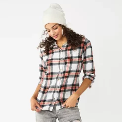 Juniors' SO® Button Front Flannel Top -Cheap SO Store 5646519 White Red Plaid