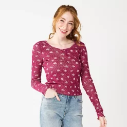 Juniors' SO® Basic Cropped Thermal Tee -Cheap SO Store 5663757 Berry Floral