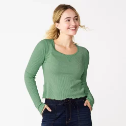 Juniors' SO® Basic Cropped Thermal Tee -Cheap SO Store 5663757 Explorer Green