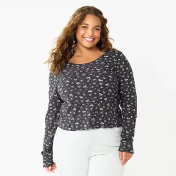 Juniors' Plus Size SO® Basic Thermal Cropped Tee -Cheap SO Store 5663783 Black Floral