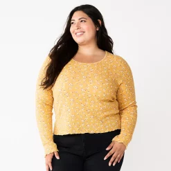 Juniors' Plus Size SO® Basic Thermal Cropped Tee -Cheap SO Store 5663783 Dark Yellow Floral