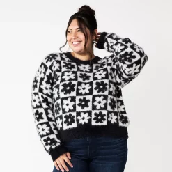 Juniors' Plus Size SO® Fuzzy Cropped Print Sweater -Cheap SO Store 5666507 Black Cream Check