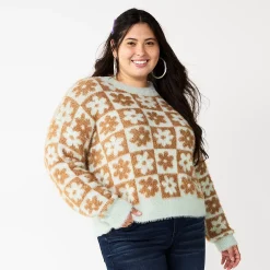 Juniors' Plus Size SO® Fuzzy Cropped Print Sweater -Cheap SO Store 5666507 Blue Brown Check