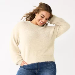 Juniors' Plus Size SO® Fuzzy Cropped Print Sweater -Cheap SO Store 5666507 English Cream