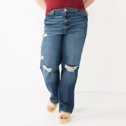 Juniors' Plus Size SO® Super High Rise Baggy Dad Jeans -Cheap SO Store 5676974 Dark Destruction