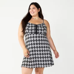 Juniors' Plus Size SO® Print Fit & Flare Mini Dress -Cheap SO Store 5685200 Black Silver Argyle