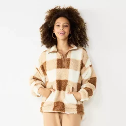 Juniors' SO® Quarter Zip Sherpa Jacket -Cheap SO Store 5686355 Cream Brown Buffalo