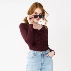 Juniors' SO® Front Lace-Up Solid Bodysuit -Cheap SO Store 5692348 Brown