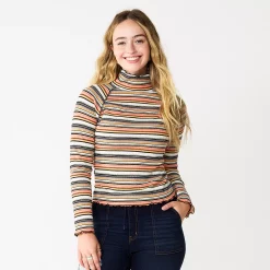 Juniors' SO® Cozy Mockneck Top -Cheap SO Store 5703731 Red Yellow Stripe