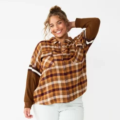 Juniors' Plus Size SO® Fashion Flannel Shirt -Cheap SO Store 5711970 Brown Plaid