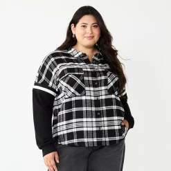Juniors' Plus Size SO® Fashion Flannel Shirt -Cheap SO Store 5711970 Ivory Black Plaid