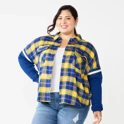 Juniors' Plus Size SO® Fashion Flannel Shirt -Cheap SO Store 5711970 Yellow Navy Plaid