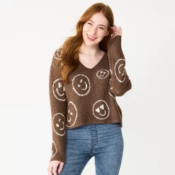 Juniors' SO® Printed V-Neck Pullover Sweater -Cheap SO Store 5726959 Brown Smiley Faces