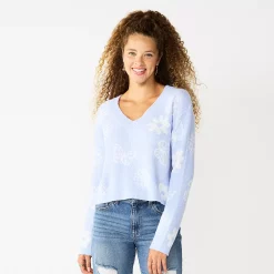 Juniors' SO® Printed V-Neck Pullover Sweater -Cheap SO Store 5726959 Periwinkle Daisies