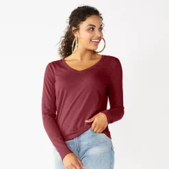 Juniors' SO® Essential V-Neck Long Sleeve Tee -Cheap SO Store 5830223 Berry Magnolia