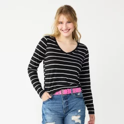 Juniors' SO® Essential V-Neck Long Sleeve Tee -Cheap SO Store 5830223 Black Stripe
