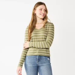 Juniors' SO® Essential V-Neck Long Sleeve Tee -Cheap SO Store 5830223 Green Stripe